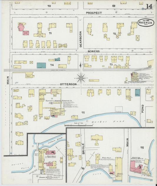 Sanborn Fire Insurance Map from Nashua, Hillsborough County, New Hampshire (1892), Sheet #0014 - Historic Sanborn Fire Insurance Map Print, vintage old map wall art, antique decor, genealogy gift, New Hampshire New Hampshire map