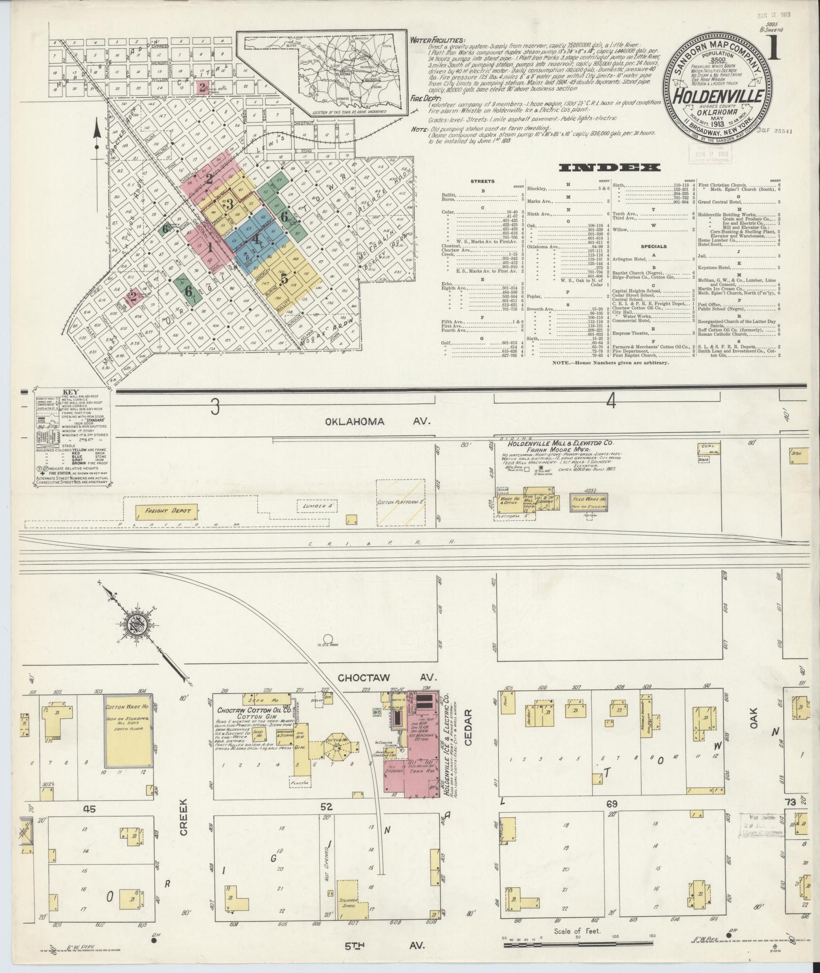 Sanborn Fire Insurance Map from Holdenville, Hughes County, Oklahoma (1913), Sheet #0001 - Historic Sanborn Fire Insurance Map Print, vintage old map wall art, antique decor, genealogy gift, Oklahoma Oklahoma map