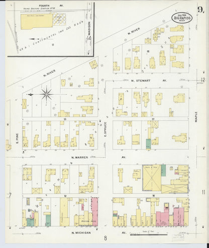 Sanborn Fire Insurance Map from Big Rapids, Mecosta County, Michigan (1908), Sheet #0009 - Complete Map Set gallery image, historic Sanborn map, vintage wall art, Michigan Michigan