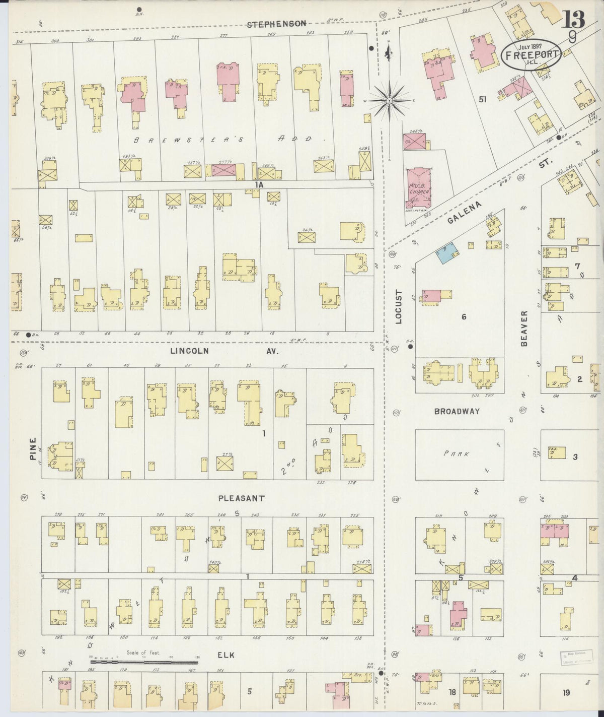 Sanborn Fire Insurance Map from Freeport, Stephenson County, Illinois (1897), Sheet #0013 - Historic Sanborn Fire Insurance Map Print, vintage old map wall art, antique decor, genealogy gift, Illinois Illinois map