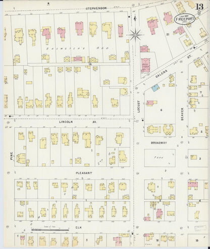 Sanborn Fire Insurance Map from Freeport, Stephenson County, Illinois (1897), Sheet #0013 - Historic Sanborn Fire Insurance Map Print, vintage old map wall art, antique decor, genealogy gift, Illinois Illinois map