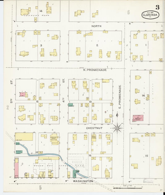 Sanborn Fire Insurance Map from Clarinda, Page County, Iowa (1893), Sheet #0003 - Historic Sanborn Fire Insurance Map Print, vintage old map wall art
