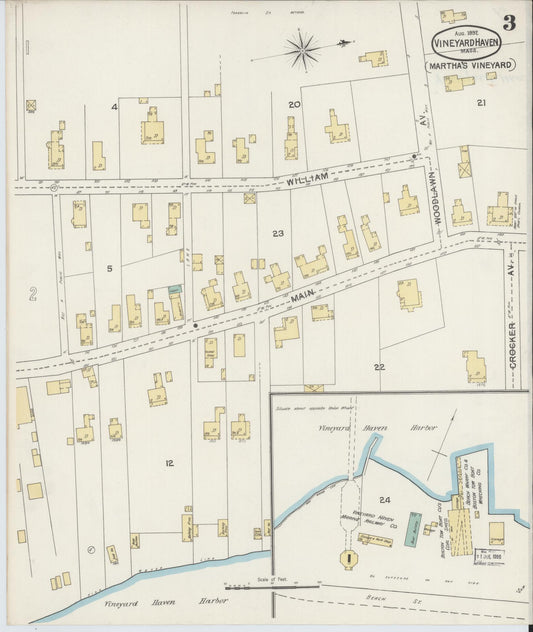 Sanborn Fire Insurance Map from Vineyard Haven, Dukes County, Massachusetts (1892), Sheet #0003 - Historic Sanborn Fire Insurance Map Print, vintage old map wall art, antique decor, genealogy gift, Massachusetts Massachusetts map