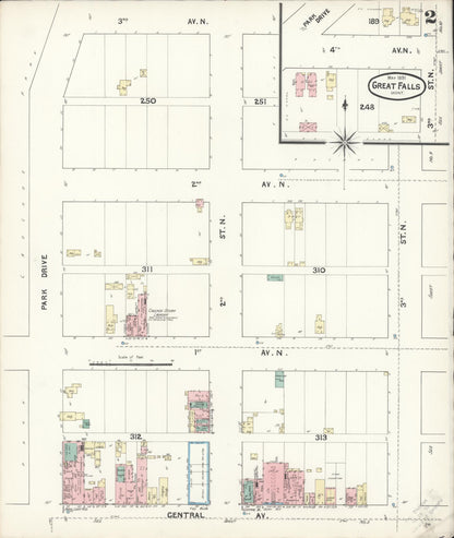 Sanborn Fire Insurance Map from Great Falls, Cascade County, Montana (1891), Sheet #0002 - Complete Map Set gallery image, historic Sanborn map, vintage wall art, Montana Montana