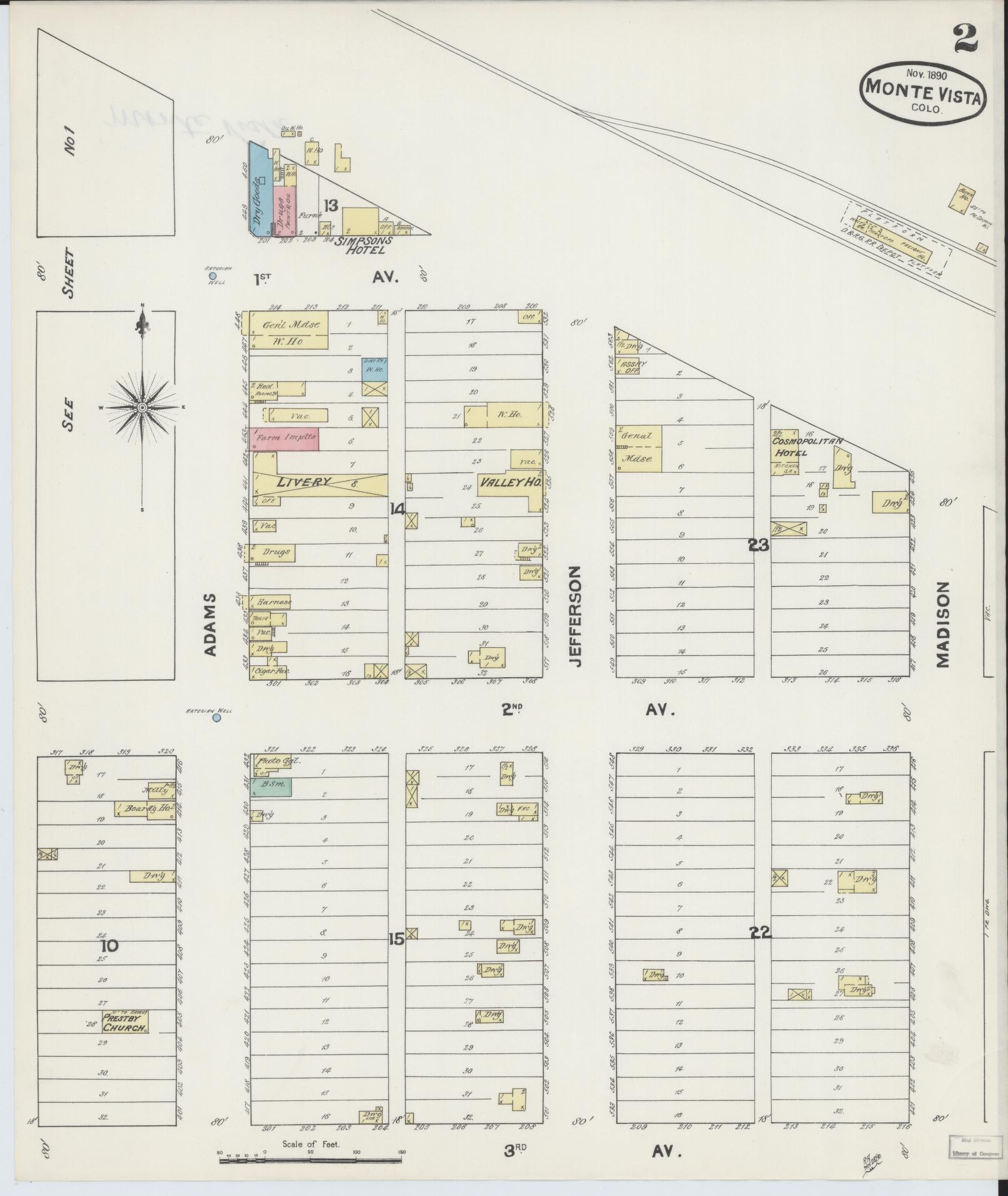 Sanborn Fire Insurance Map from Monte Vista, Rio Grande County, Colorado (1890), Sheet #0002 - Historic Sanborn Fire Insurance Map Print, vintage old map wall art, antique decor, genealogy gift, Colorado Colorado map