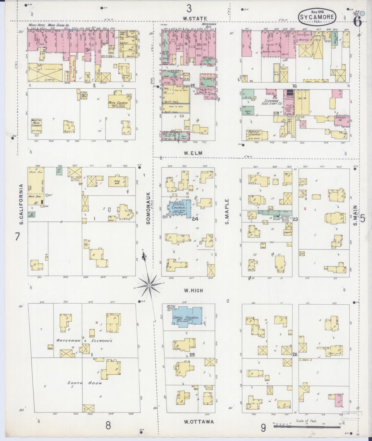 Sanborn Fire Insurance Map from Sycamore, De Kalb County, Illinois (1896), Sheet #0006 - Complete Map Set gallery image, historic Sanborn map, vintage wall art, Illinois Illinois