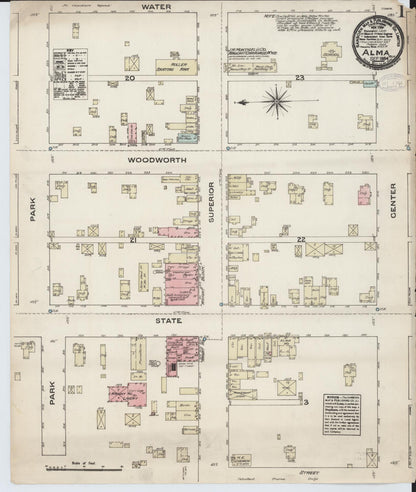 Sanborn Fire Insurance Map from Alma, Gratiot County, Michigan (1884), Sheet #0001 - Complete Map Set gallery image, historic Sanborn map, vintage wall art, Michigan Michigan