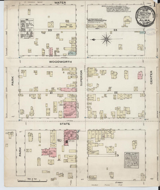 Sanborn Fire Insurance Map from Alma, Gratiot County, Michigan (1884), Sheet #0001 - Complete Map Set gallery image, historic Sanborn map, vintage wall art, Michigan Michigan