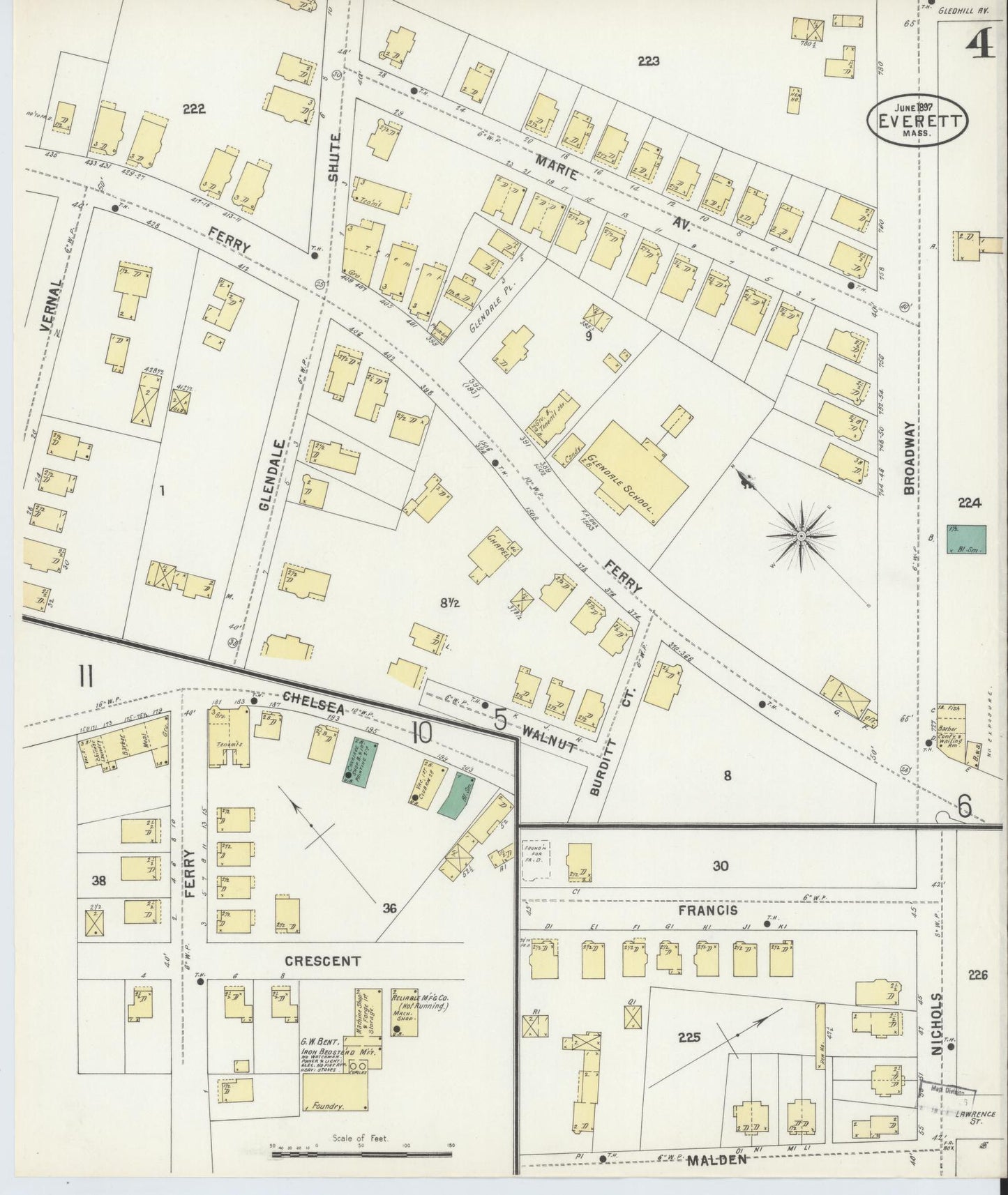 Sanborn Fire Insurance Map from Everett, Middlesex County, Massachusetts (1897), Sheet #0004 - Historic Sanborn Fire Insurance Map Print, vintage old map wall art, antique decor, genealogy gift, Massachusetts Massachusetts map