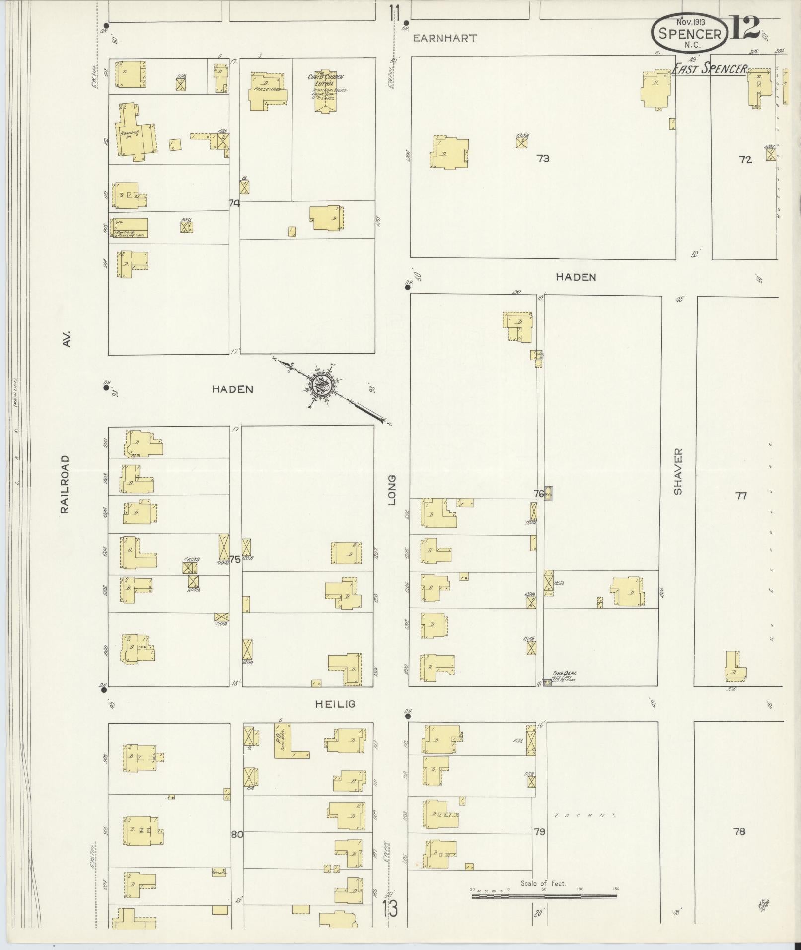 Sanborn Fire Insurance Map from Spencer, Rowan County, North Carolina (1913), Sheet #0012 - Historic Sanborn Fire Insurance Map Print, vintage old map wall art, antique decor, genealogy gift, North Carolina North Carolina map