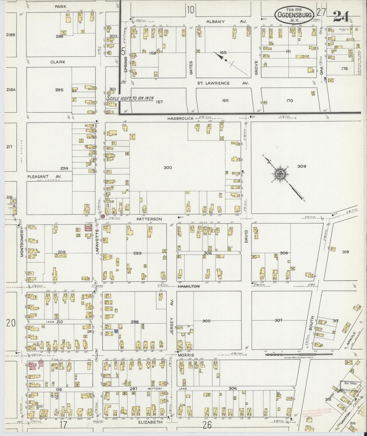 Sanborn Fire Insurance Map from Ogdensburg, St. Lawrence County, New York (1918), Sheet #0024 - Complete Map Set gallery image, historic Sanborn map, vintage wall art, New York New York