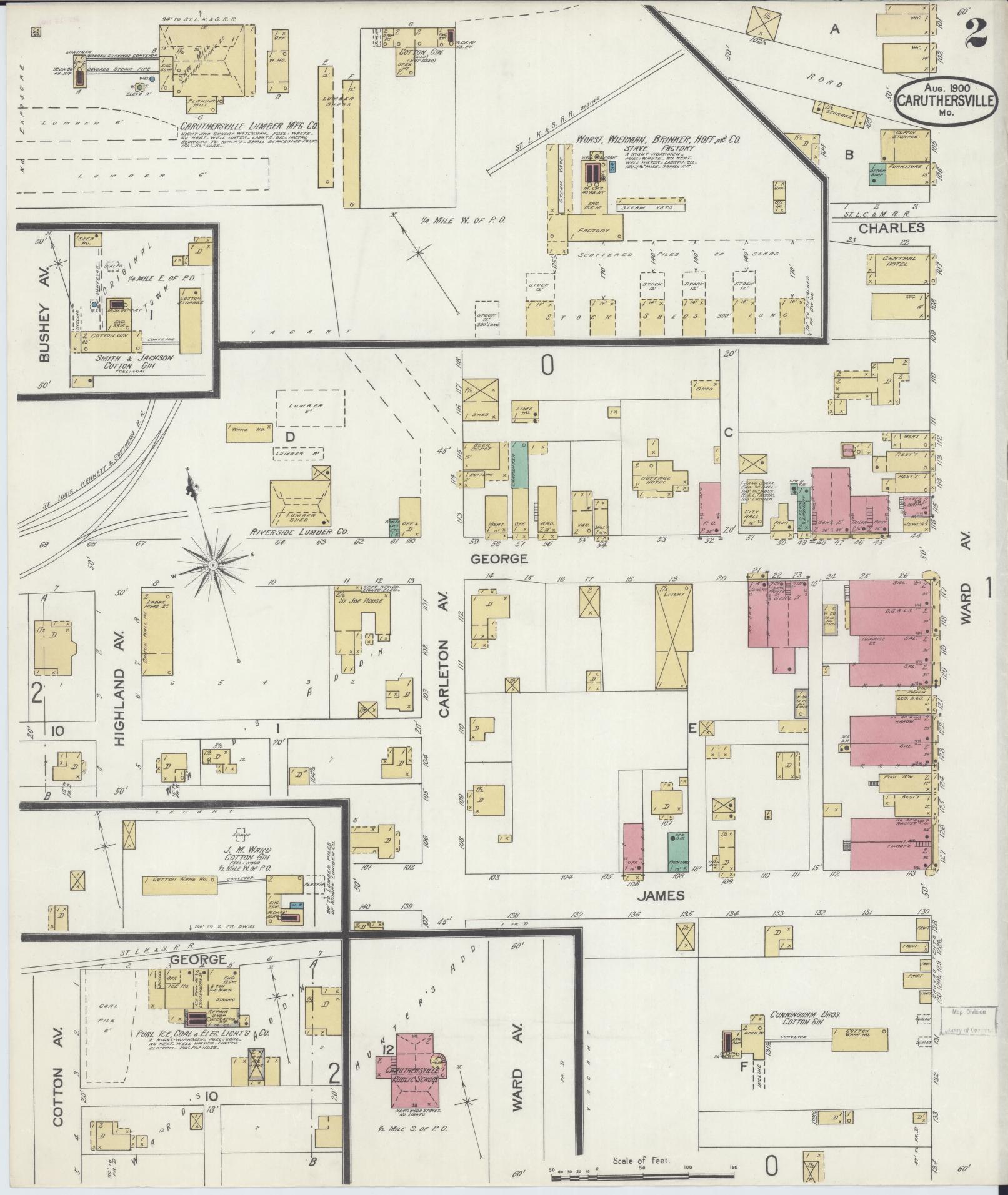 Sanborn Fire Insurance Map from Caruthersville, Pemiscot County, Missouri (1900), Sheet #0002 - Complete Map Set gallery image, historic Sanborn map, vintage wall art, Missouri Missouri