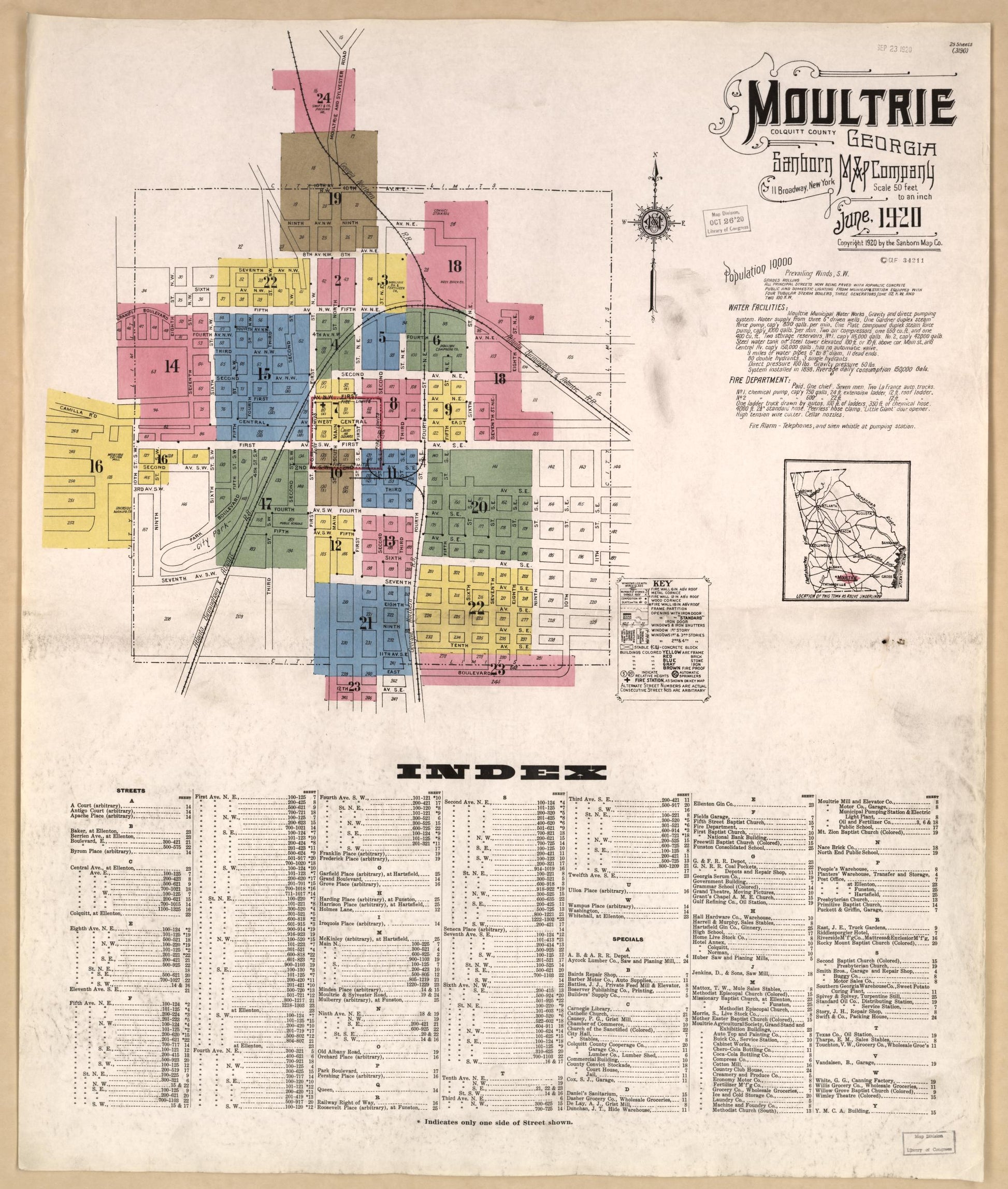 Sanborn Fire Insurance Map from Moultrie, Colquitt County, Georgia (1920), Sheet #0001 - Historic Sanborn Fire Insurance Map Print, vintage old map wall art, antique decor, genealogy gift, Georgia Georgia map