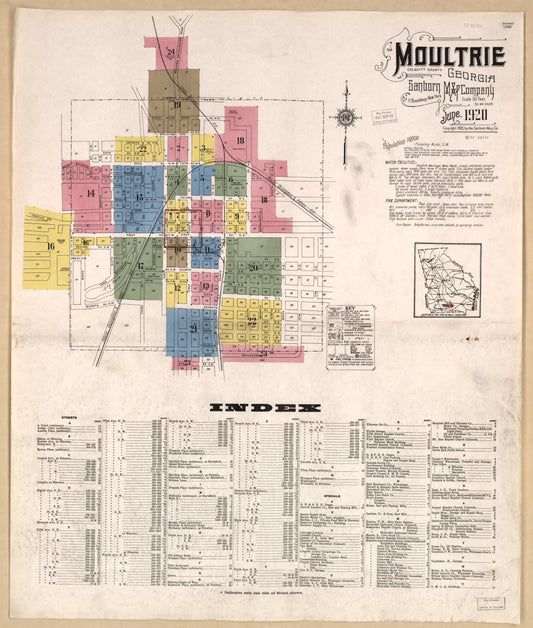 Sanborn Fire Insurance Map from Moultrie, Colquitt County, Georgia (1920), Sheet #0001 - Historic Sanborn Fire Insurance Map Print, vintage old map wall art, antique decor, genealogy gift, Georgia Georgia map