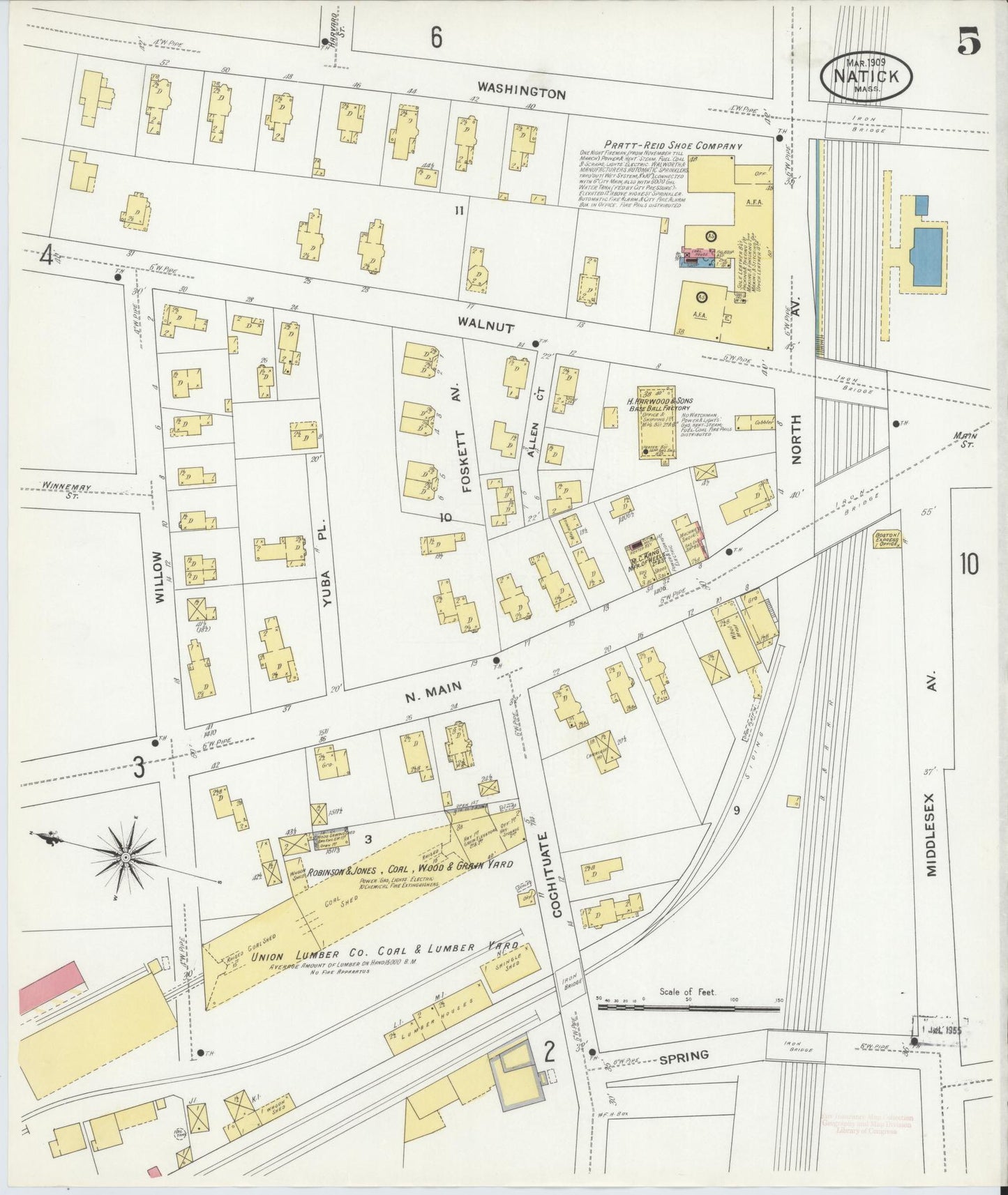 Sanborn Fire Insurance Map from Natick, Middlesex County, Massachusetts (1909), Sheet #0005 - Historic Sanborn Fire Insurance Map Print, vintage old map wall art, antique decor, genealogy gift, Massachusetts Massachusetts map