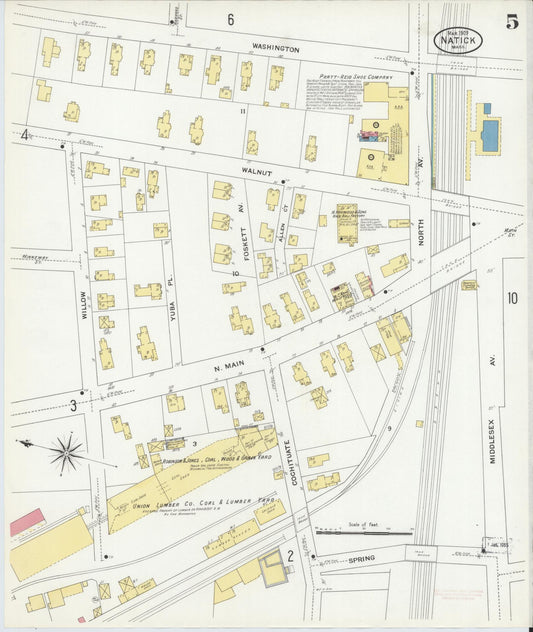 Sanborn Fire Insurance Map from Natick, Middlesex County, Massachusetts (1909), Sheet #0005 - Historic Sanborn Fire Insurance Map Print, vintage old map wall art, antique decor, genealogy gift, Massachusetts Massachusetts map