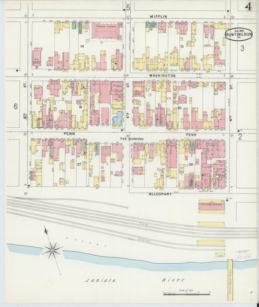 Sanborn Fire Insurance Map from Huntingdon, Huntingdon County, Pennsylvania (1896), Sheet #0004 - Historic Sanborn Fire Insurance Map Print, vintage old map wall art, antique decor, genealogy gift, Pennsylvania Pennsylvania map