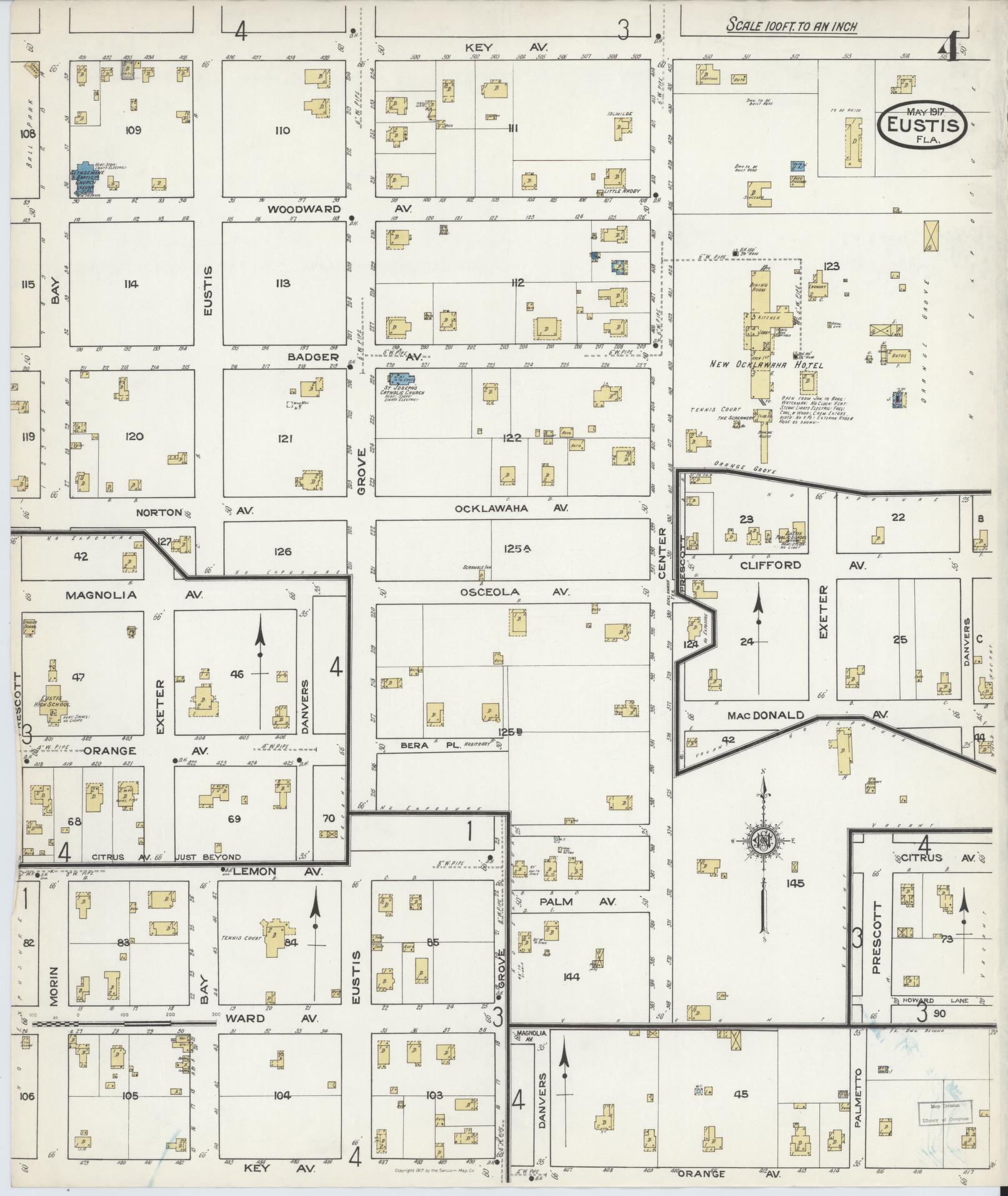 Sanborn Fire Insurance Map from Eustis, Lake County, Florida (1917), Sheet #0004 - Historic Sanborn Fire Insurance Map Print, vintage old map wall art, antique decor, genealogy gift, Florida Florida map