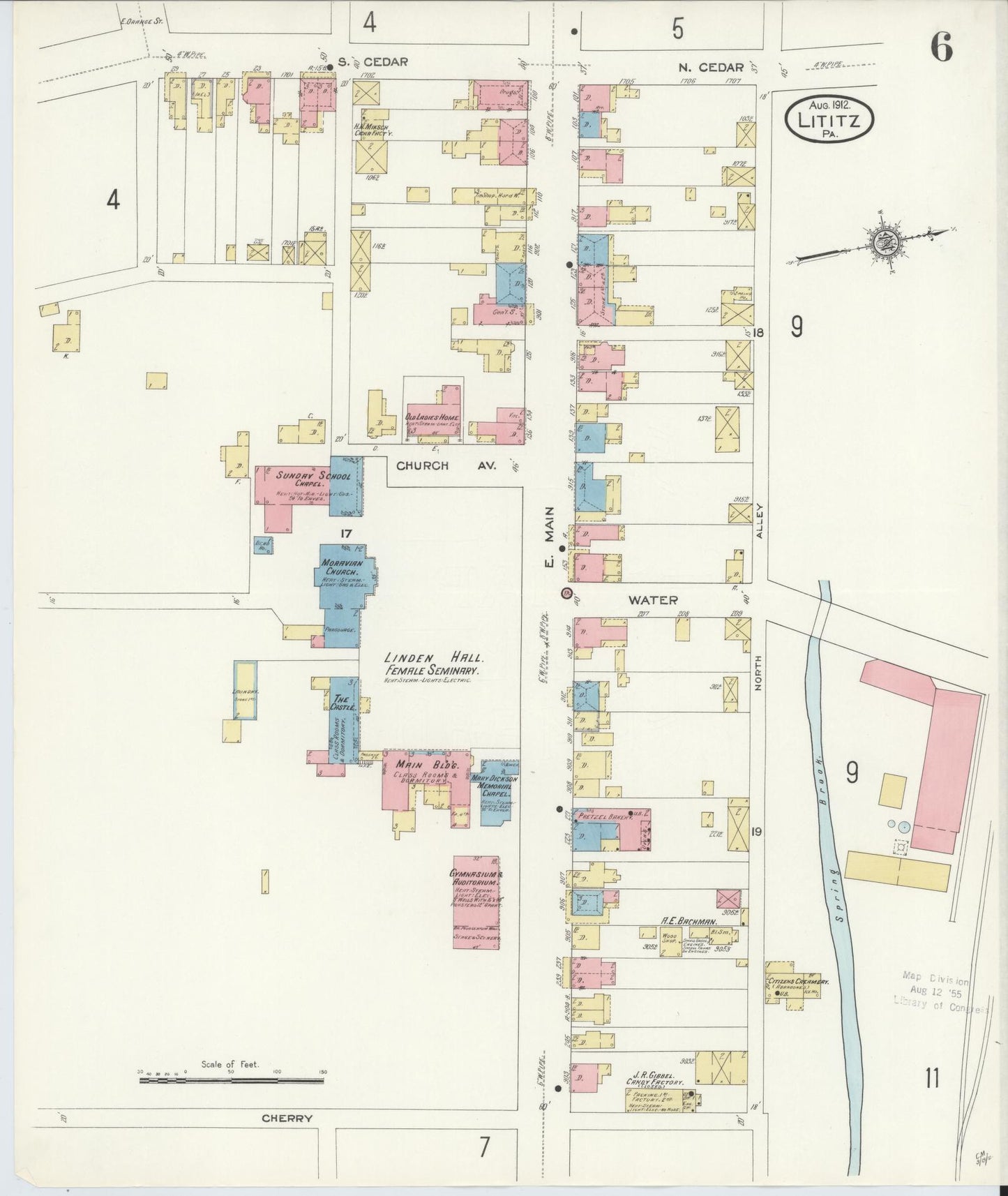 Sanborn Fire Insurance Map from Lititz, Lancaster County, Pennsylvania (1912), Sheet #0006 - Historic Sanborn Fire Insurance Map Print, vintage old map wall art, antique decor, genealogy gift, Pennsylvania Pennsylvania map