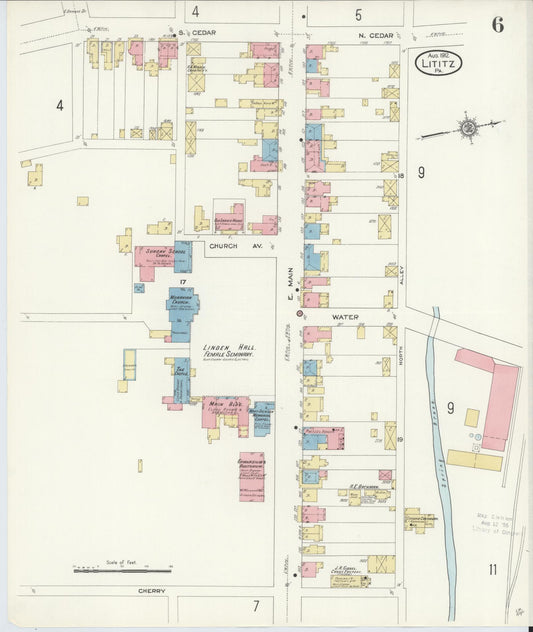 Sanborn Fire Insurance Map from Lititz, Lancaster County, Pennsylvania (1912), Sheet #0006 - Historic Sanborn Fire Insurance Map Print, vintage old map wall art, antique decor, genealogy gift, Pennsylvania Pennsylvania map