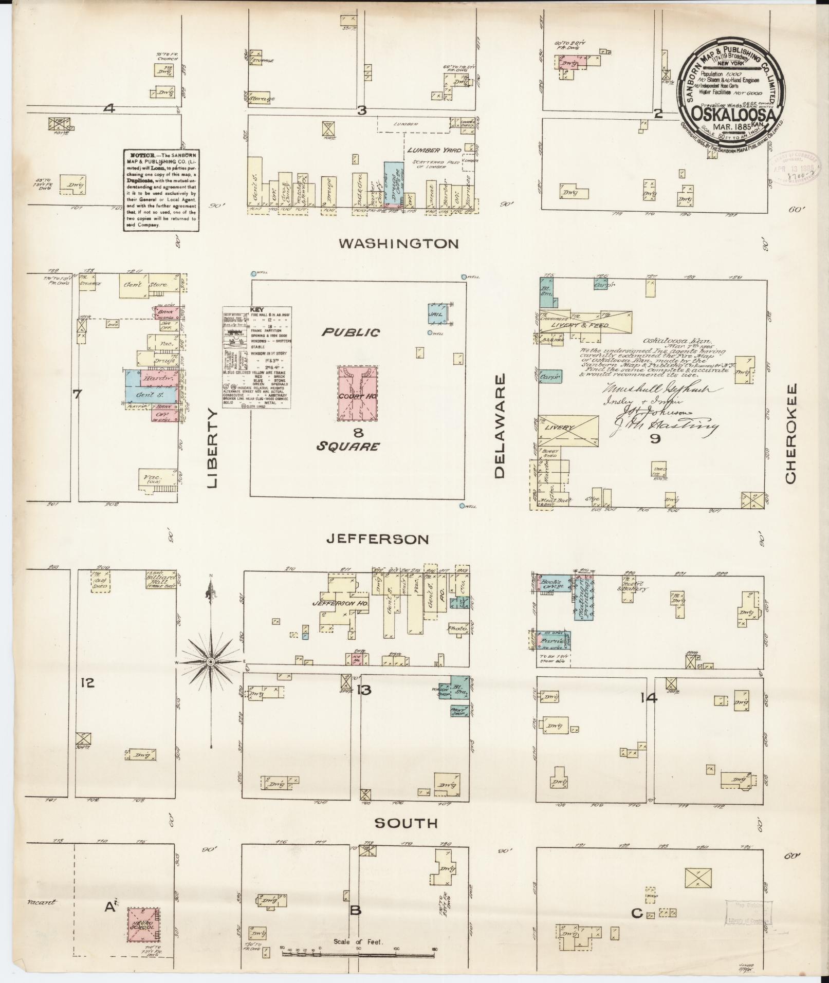 Sanborn Fire Insurance Map from Oskaloosa, Jefferson County, Kansas (1885), Sheet #0001 - Historic Sanborn Fire Insurance Map Print, vintage old map wall art, antique decor, genealogy gift, Kansas Kansas map