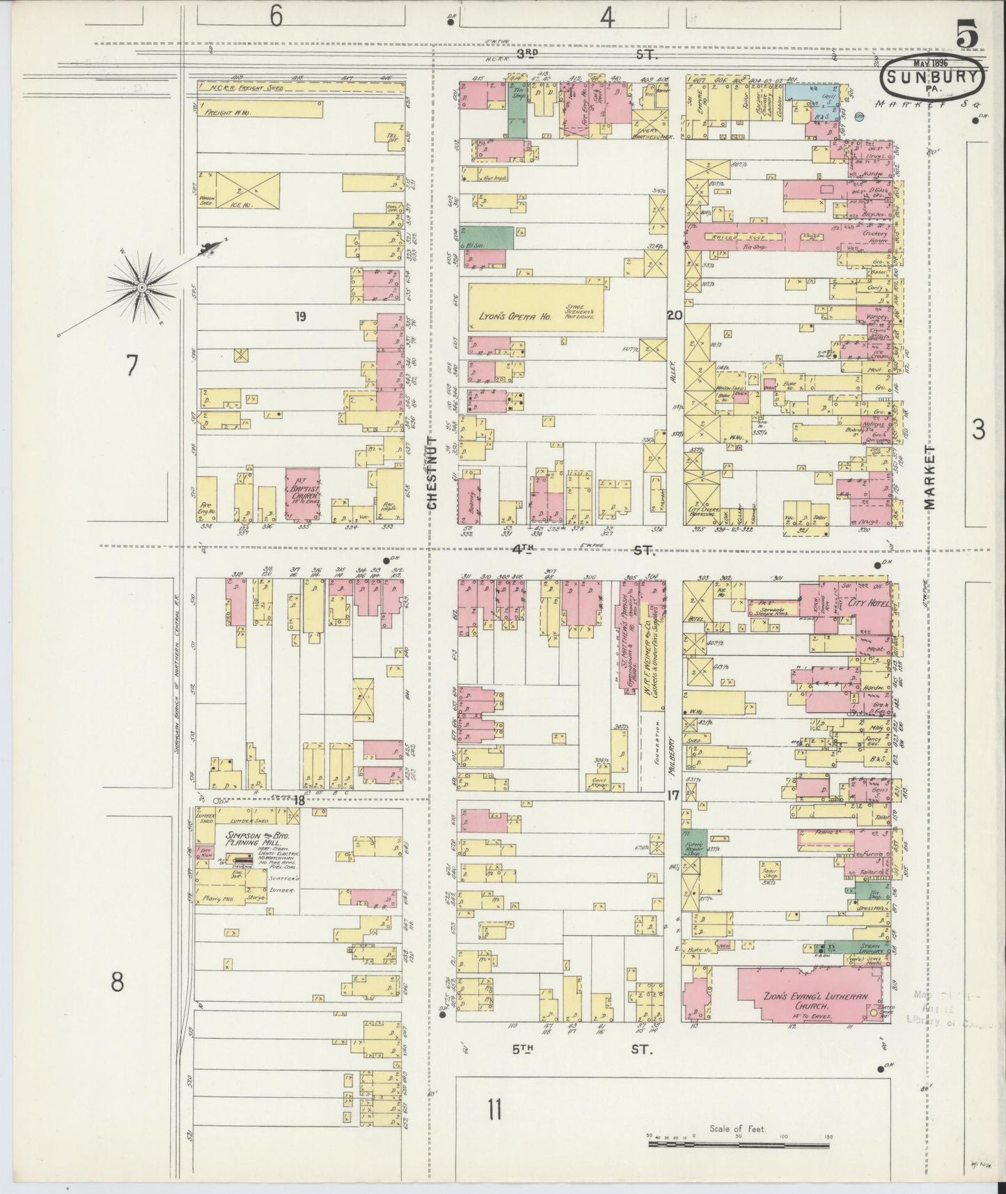 Sanborn Fire Insurance Map from Sunbury, Northumberland County, Pennsylvania (1896), Sheet #0005 - Historic Sanborn Fire Insurance Map Print, vintage old map wall art, antique decor, genealogy gift, Pennsylvania Pennsylvania map