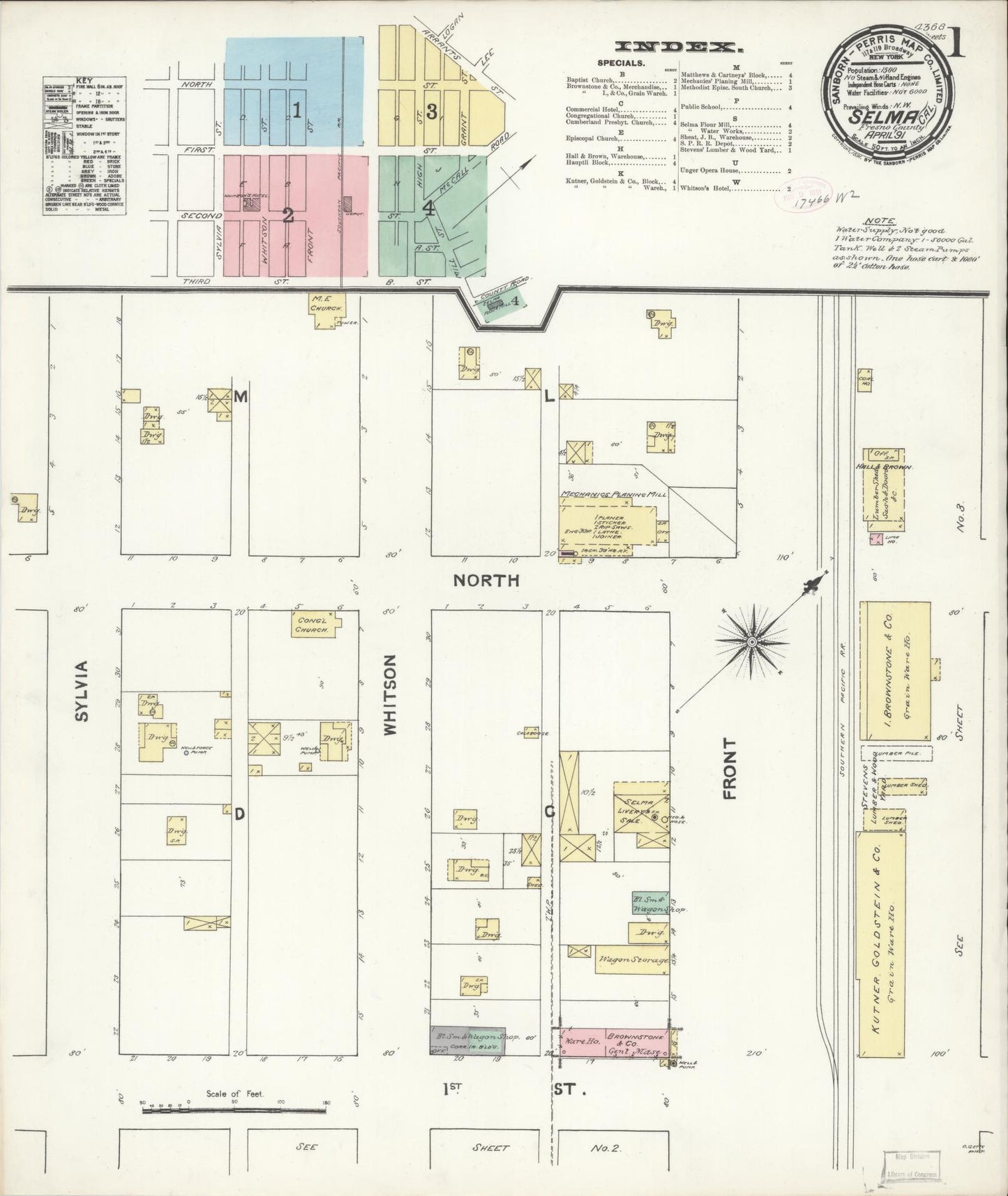 Sanborn Fire Insurance Map from Selma, Fresno County, California (1891), Sheet #0001 - Complete Map Set gallery image, historic Sanborn map, vintage wall art, California California