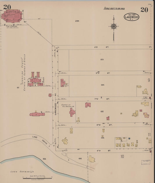 Sanborn Fire Insurance Map from Lakewood, Ocean County, New Jersey (1922), Sheet #0020 - Historic Sanborn Fire Insurance Map Print, vintage old map wall art, antique decor, genealogy gift, New Jersey New Jersey map