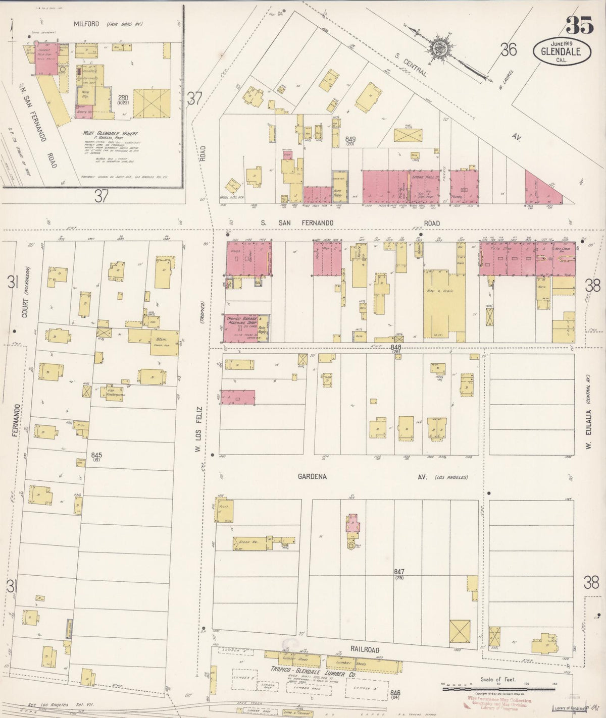 Sanborn Fire Insurance Map from Glendale, Los Angeles County, California (1919), Sheet #0035 - Complete Map Set gallery image, historic Sanborn map, vintage wall art, California California