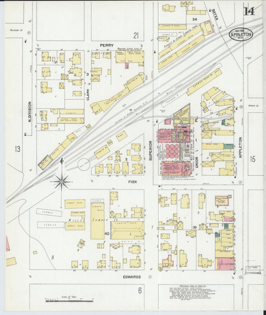 Sanborn Fire Insurance Map from Appleton, Outagamie County, Wisconsin (1901), Sheet #0014 - Historic Sanborn Fire Insurance Map Print, vintage old map wall art, antique decor, genealogy gift, Wisconsin Wisconsin map