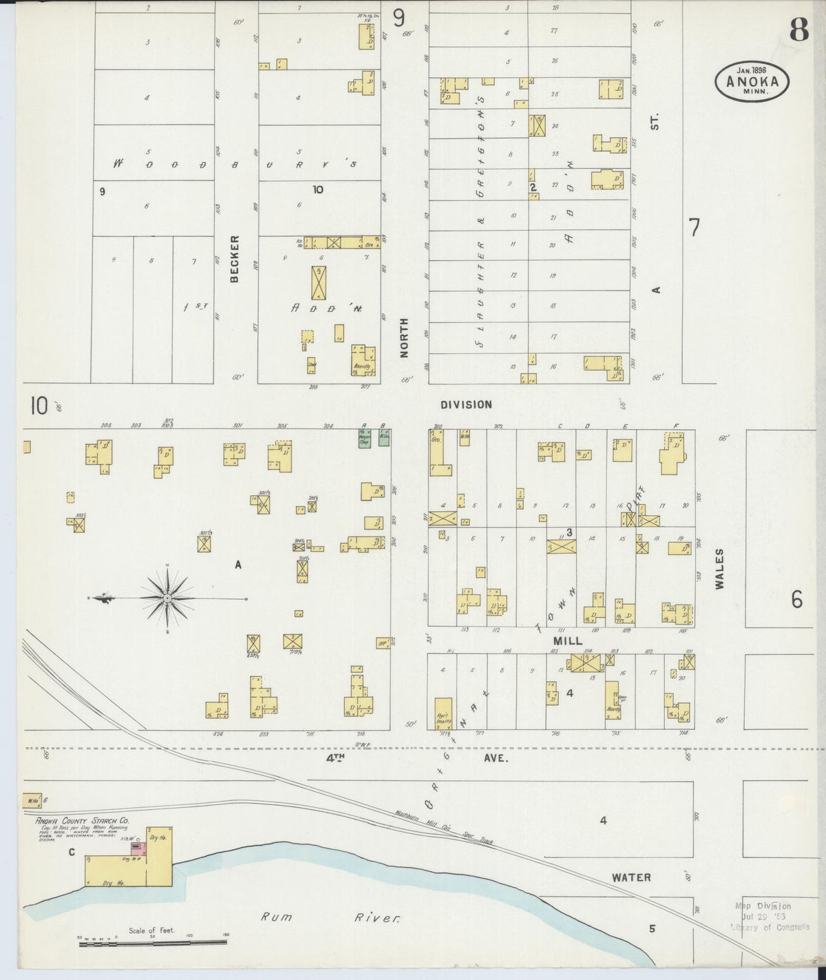 Sanborn Fire Insurance Map from Anoka, Anoka County, Minnesota (1898), Sheet #0008 - Complete Map Set gallery image, historic Sanborn map, vintage wall art, Minnesota Minnesota