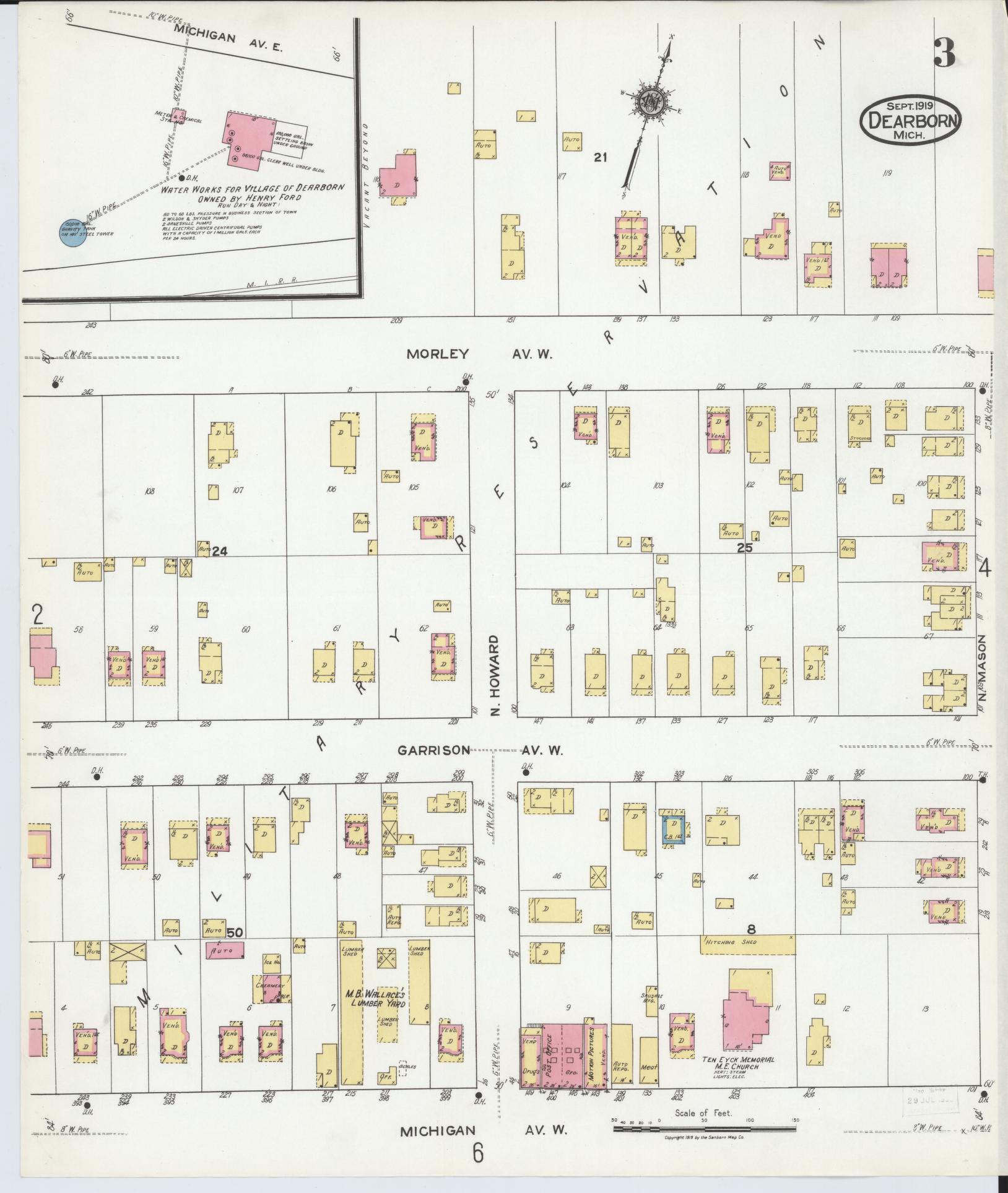 Sanborn Fire Insurance Map from Dearborn, Wayne County, Michigan (1919), Sheet #0003 - Complete Map Set gallery image, historic Sanborn map, vintage wall art, Michigan Michigan