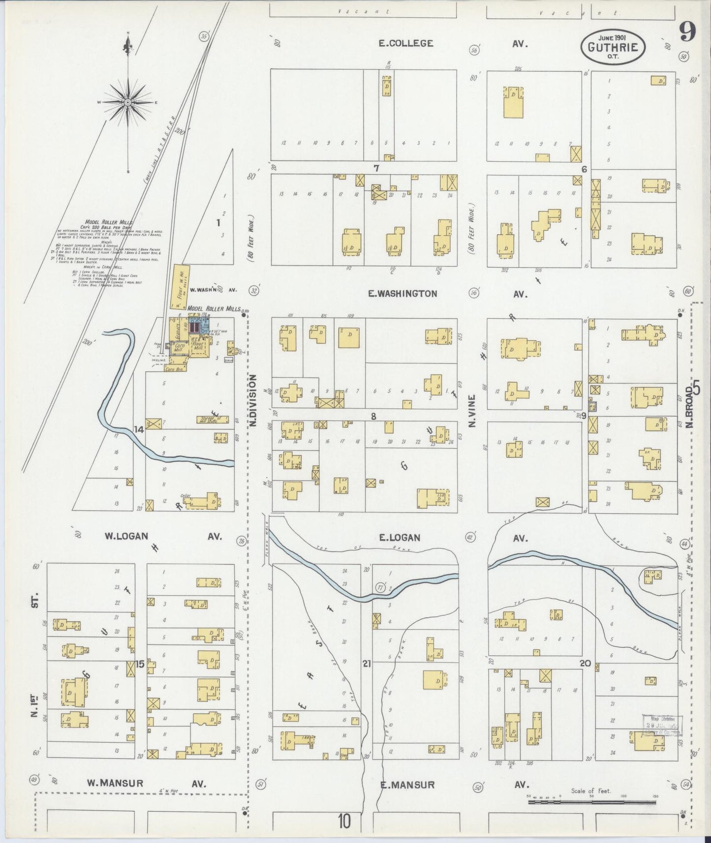 Sanborn Fire Insurance Map from Guthrie, Logan County, Oklahoma (1901), Sheet #0009 - Historic Sanborn Fire Insurance Map Print, vintage old map wall art, antique decor, genealogy gift, Oklahoma Oklahoma map