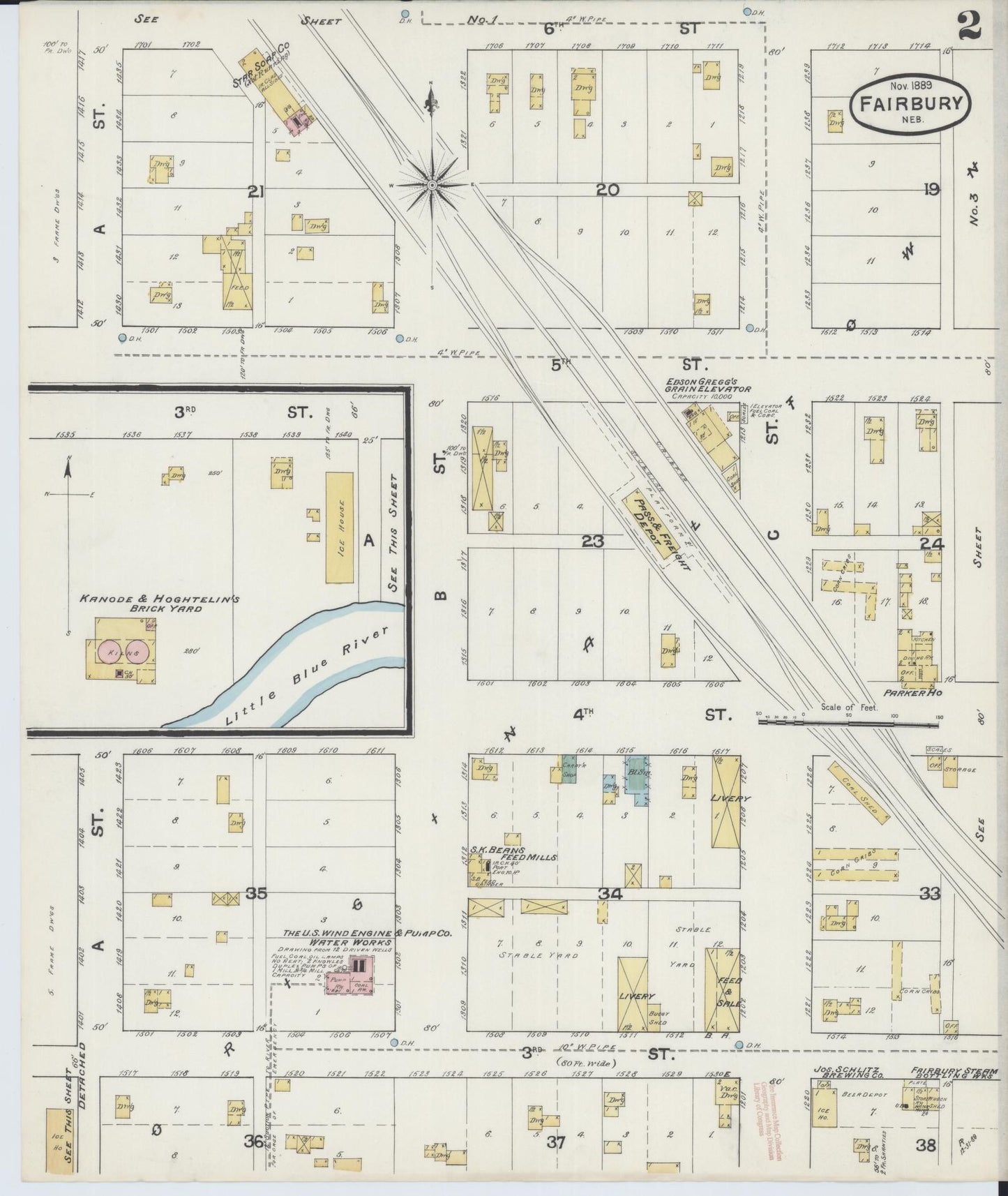 Sanborn Fire Insurance Map from Fairbury, Jefferson County, Nebraska (1889), Sheet #0002 - Complete Map Set gallery image, historic Sanborn map, vintage wall art, Nebraska Nebraska