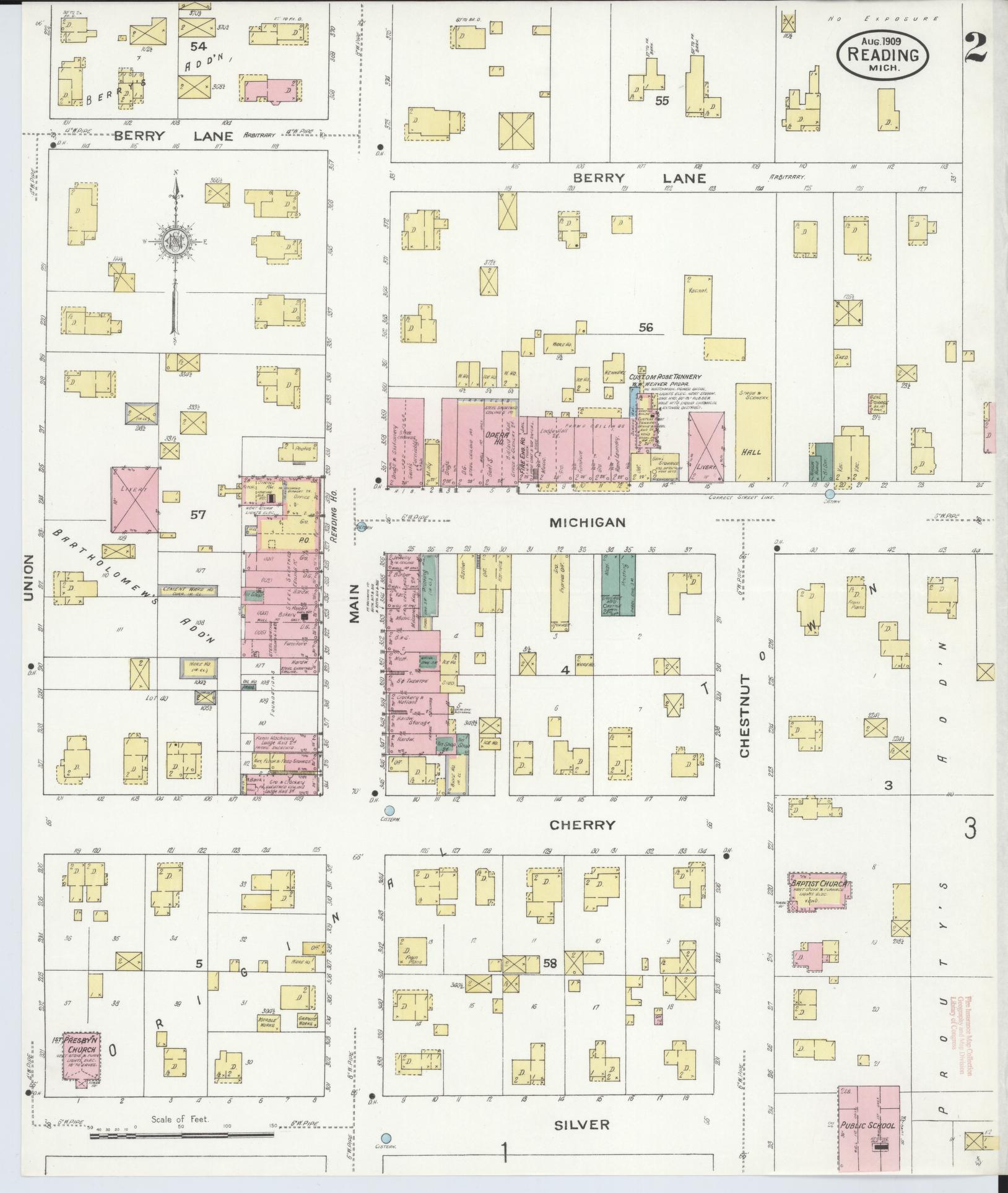 Sanborn Fire Insurance Map from Reading, Hillsdale County, Michigan (1909), Sheet #0002 - Complete Map Set gallery image, historic Sanborn map, vintage wall art, Michigan Michigan