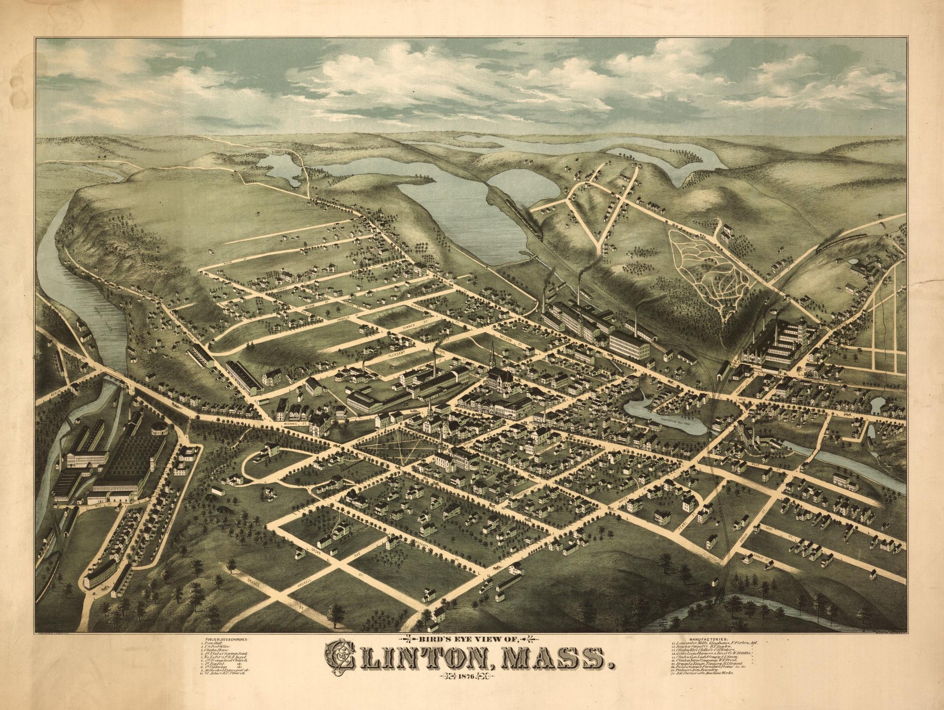 Bird's eye view of Clinton, Mass. : 1876 (1876) – Historic Bird’s-Eye View Panorama Print