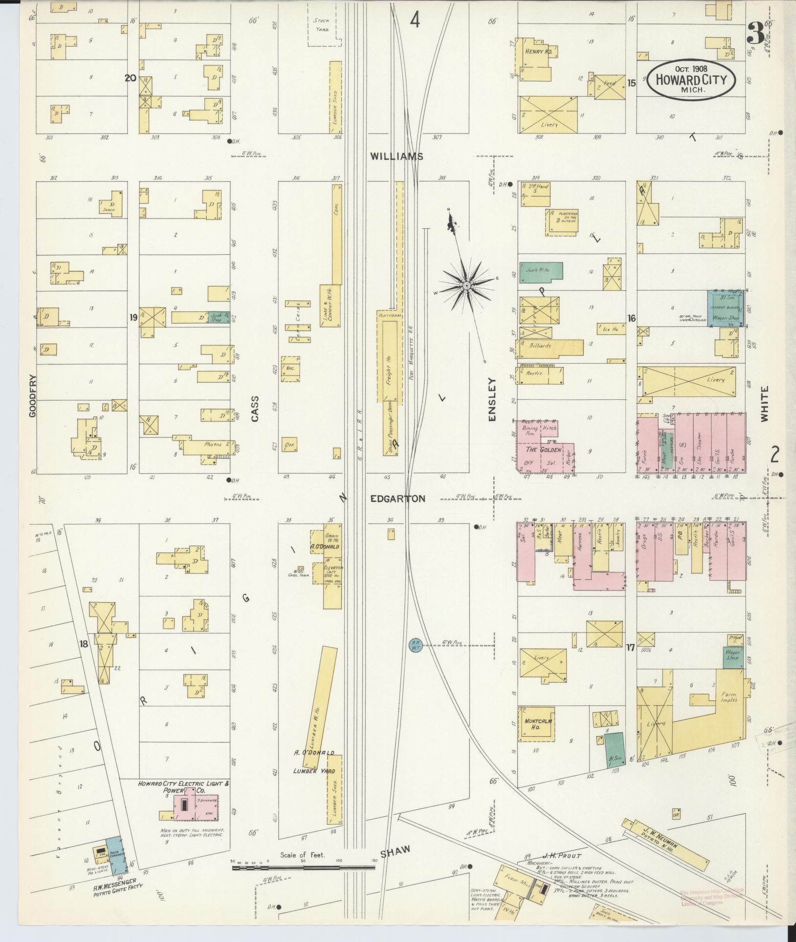 Sanborn Fire Insurance Map from Howard City, Montcalm County, Michigan (1908), Sheet #0003 - Complete Map Set gallery image, historic Sanborn map, vintage wall art, Michigan Michigan