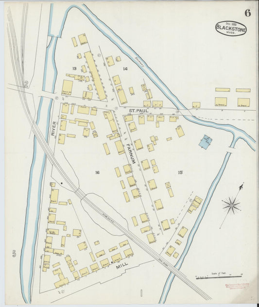 Sanborn Fire Insurance Map from Blackstone, Worcester County, Massachusetts (1893), Sheet #0006 - Historic Sanborn Fire Insurance Map Print, vintage old map wall art, antique decor, genealogy gift, Massachusetts Massachusetts map