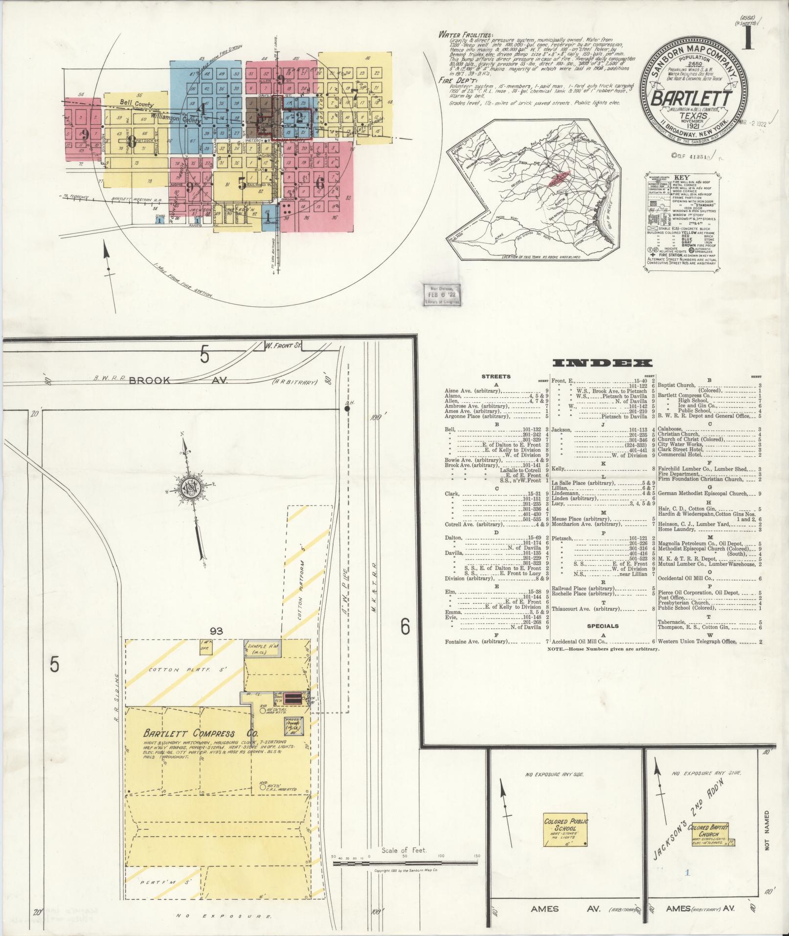 Sanborn Fire Insurance Map from Bartlett, Bell and Williamson Counties, Texas (1921), Sheet #0001 - Complete Map Set gallery image, historic Sanborn map, vintage wall art, Texas Texas