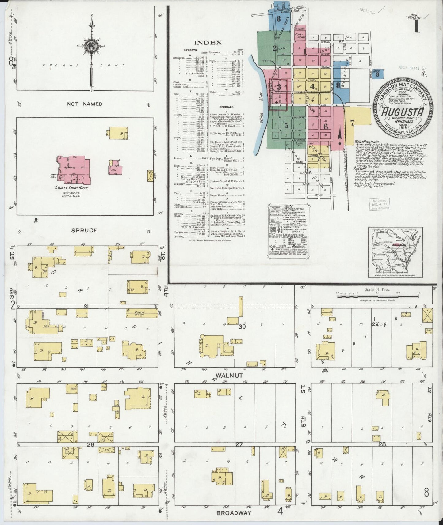 Sanborn Fire Insurance Map from Augusta, Woodruff County, Arkansas (1919), Sheet #0001 - Historic Sanborn Fire Insurance Map Print, vintage old map wall art, antique decor, genealogy gift, Arkansas Arkansas map