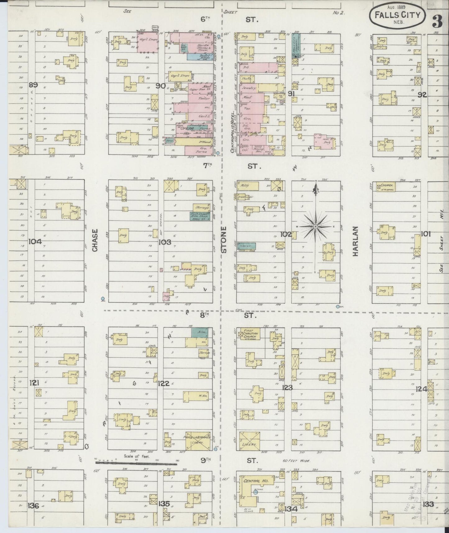 Sanborn Fire Insurance Map from Falls City, Richardson County, Nebraska (1889), Sheet #0003 - Historic Sanborn Fire Insurance Map Print, vintage old map wall art, antique decor, genealogy gift, Nebraska Nebraska map