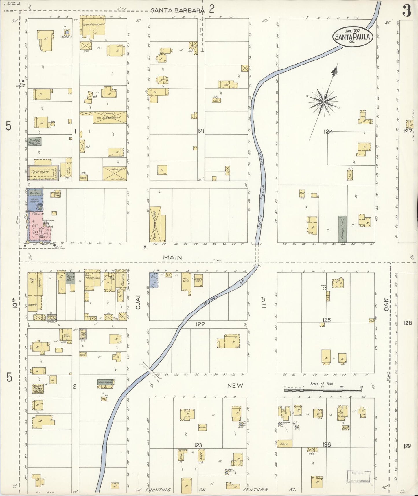 Sanborn Fire Insurance Map from Santa Paula, Ventura County, California (1907), Sheet #0003 - Complete Map Set gallery image, historic Sanborn map, vintage wall art, California California
