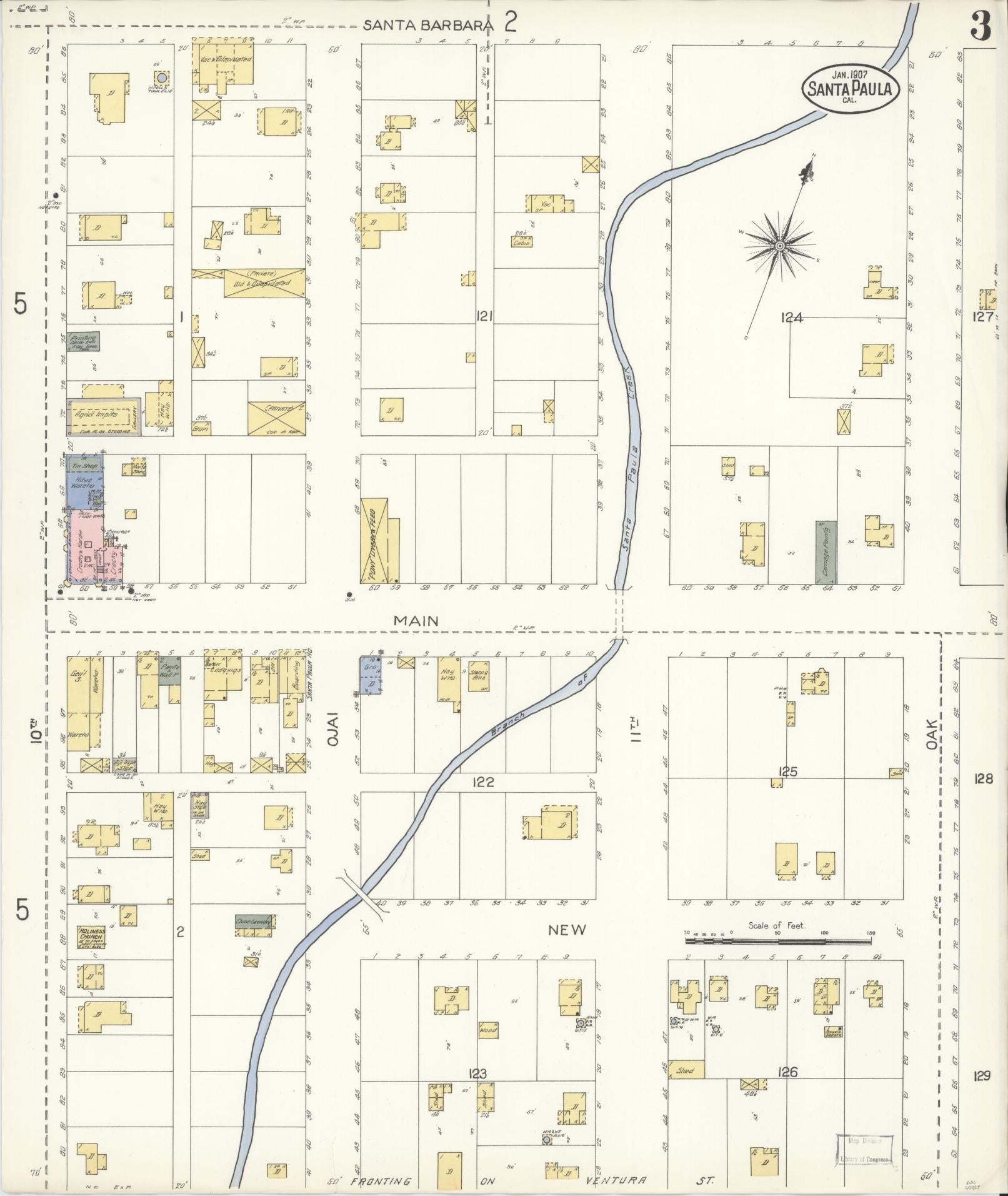 Sanborn Fire Insurance Map from Santa Paula, Ventura County, California (1907), Sheet #0003 - Complete Map Set gallery image, historic Sanborn map, vintage wall art, California California