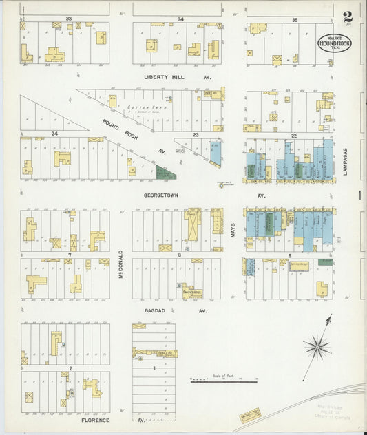 Sanborn Fire Insurance Map from Round Rock, Williamson County, Texas (1902), Sheet #0002 - Historic Sanborn Fire Insurance Map Print, vintage old map wall art, antique decor, genealogy gift, Texas Texas map