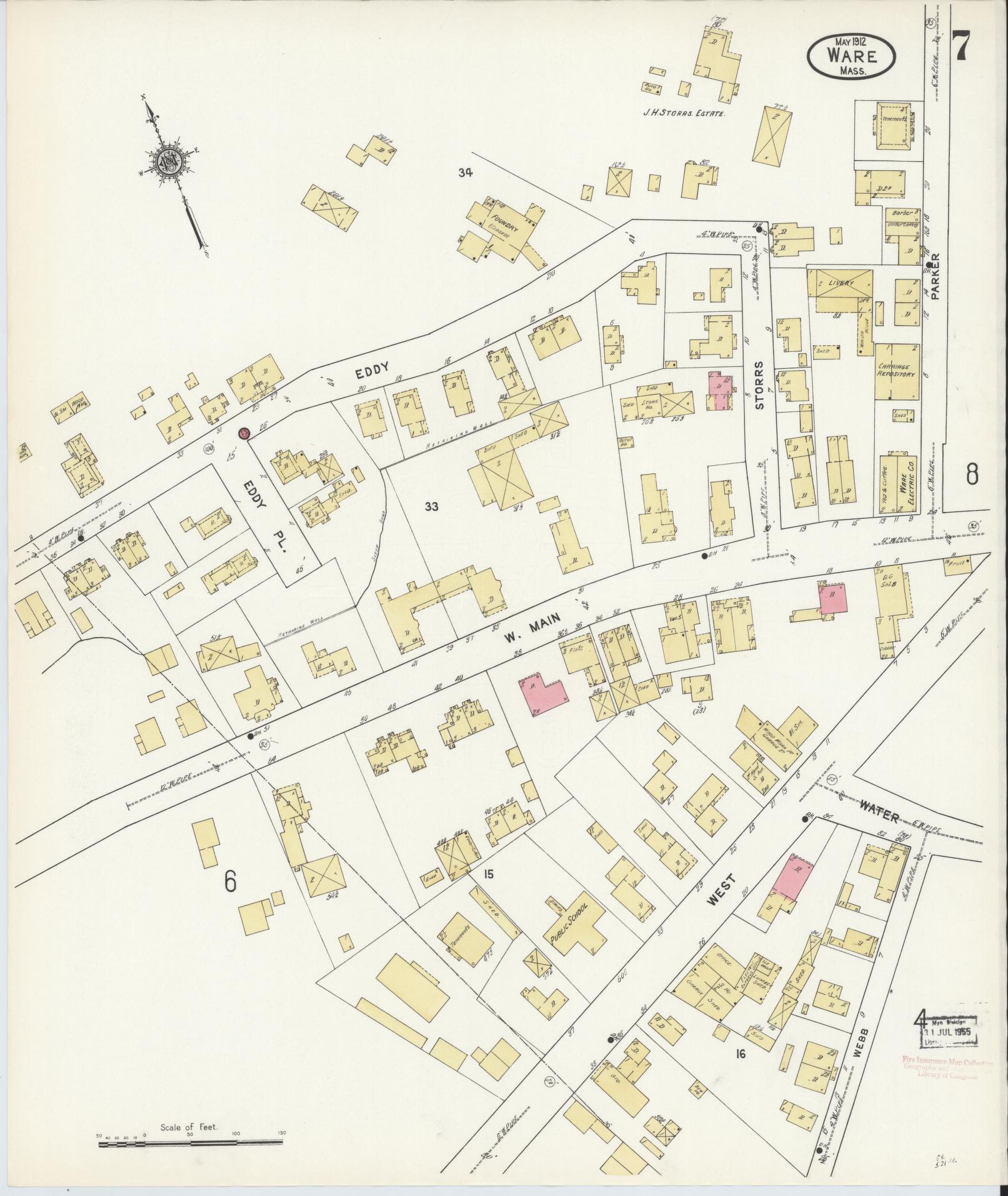 Sanborn Fire Insurance Map from Ware, Hampshire County, Massachusetts (1912), Sheet #0007 - Complete Map Set gallery image, historic Sanborn map, vintage wall art, Massachusetts Massachusetts