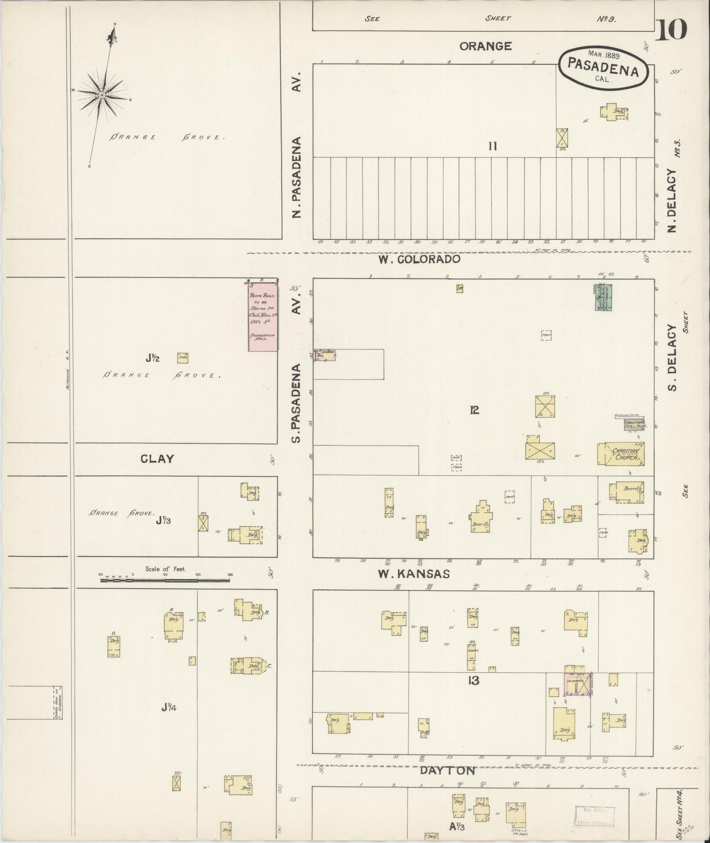 Sanborn Fire Insurance Map from Pasadena, Los Angeles County, California (1889), Sheet #0010 - Complete Map Set gallery image, historic Sanborn map, vintage wall art, California California