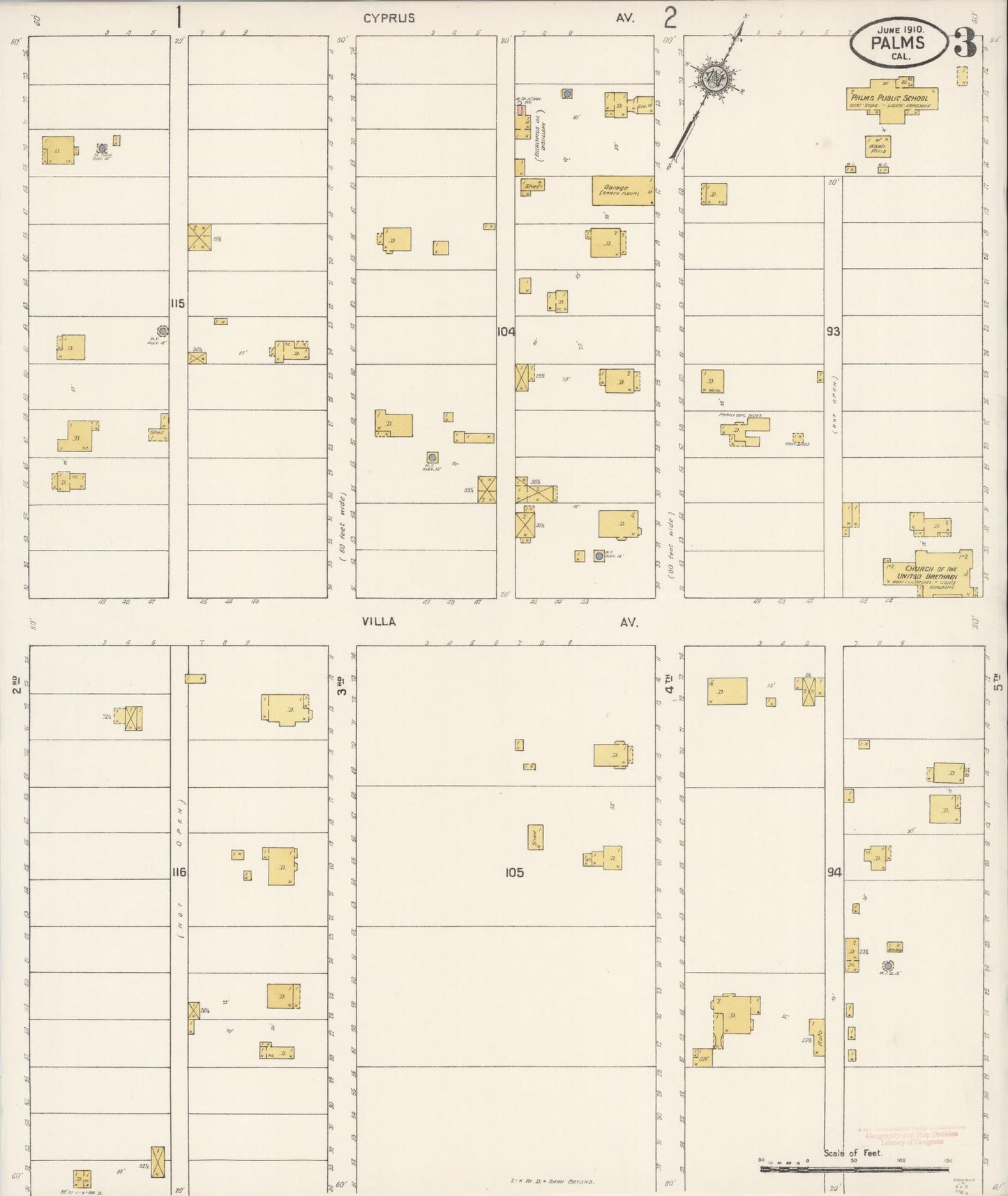 Sanborn Fire Insurance Map from Palms, Los Angeles County, California (1910), Sheet #0003 - Complete Map Set gallery image, historic Sanborn map, vintage wall art, California California
