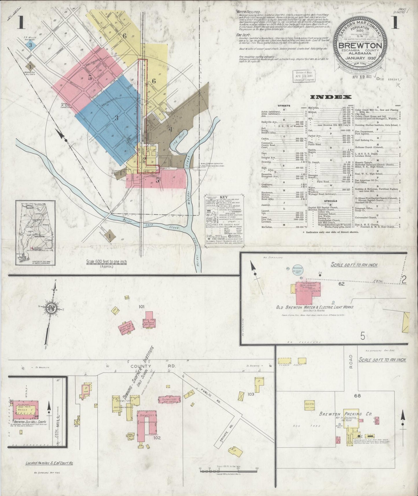 Sanborn Fire Insurance Map from Brewton, Escambia County, Alabama (1930), Sheet #0001 - Historic Sanborn Fire Insurance Map Print, vintage old map wall art, antique decor, genealogy gift, Alabama Alabama map