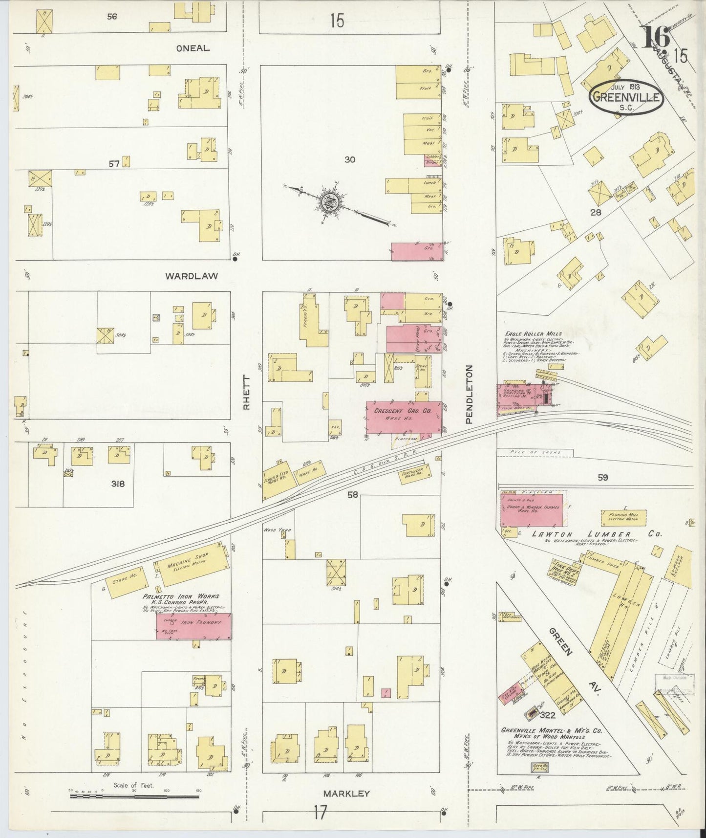 Sanborn Fire Insurance Map from Greenville, Greenville County, South Carolina (1913), Sheet #0016 - Complete Map Set gallery image, historic Sanborn map, vintage wall art, South Carolina South Carolina