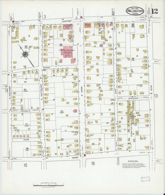 Sanborn Fire Insurance Map from Wallingford, New Haven County, Connecticut (1919), Sheet #0012 - Historic Sanborn Fire Insurance Map Print, vintage old map wall art, antique decor, genealogy gift, Connecticut Connecticut map